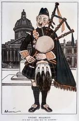 Tegneserie i akademiker av André Maurois (pseudonym for Emile Herzog), fransk romanforfatter, essayist og historiker (1885-1967) - av Barrère, i "" Fantasio""" av 15.04.1929