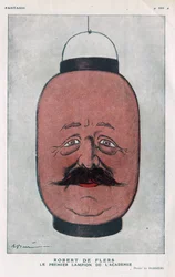 Robert Pelleve de La Motte-Ango (Motte Ango), Marquis de Flers, fransk dramatiker (1872-1927). (Akademiets første lykt). Tegneserie av Barrere i "" Fantasio"" fra juni 1921.