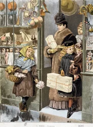 Stakkars jente som selger små buketter ved utgangen av en lekebutikk der rike mennesker kommer ut (shopper til jul?) - tegning av Adrien Marie