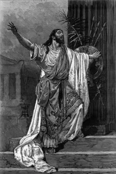 Portrett av komiker Jean Sully Mounet dit Mouney-Sully (Mounet Sully) (1841-1916) i rollen som Oedipus for stykket "" Oedipus roi"" på Comedie Francaise
