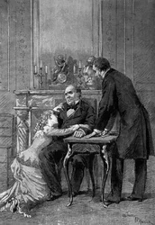 Teaterforestilling: 1. akt av ""Jean Baudry"" av Auguste Vacquerie (1819-1895) med frøken Bertet (Andree), Mr. Barre (Bruel), Edmond Got (1822-1901) (Jean Beaudry). Paris, Comedie Francaise