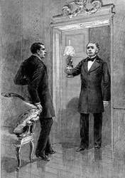 Teaterforestilling: 4. akt av ""Jean Baudry"" av Auguste Vacquerie (1819-1895) med Gustave Hippolyte Worms (1836-1910) (Olivier), Edmond Got (1822-1901) (Jean Beaudry). Paris, Comedie Francaise
