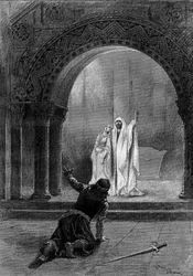 Teaterrepresentasjon: "" Garin"" av Paul Delair (1842-1894) med Henri Maubant (1821-1908) (Herbert), Adeline Dudlay (Aischa) og Jean Sully Mounet dit Mounet Sully (Mounet-Sully) (1841-1916) (Garin). Paris, Comedie Francaise