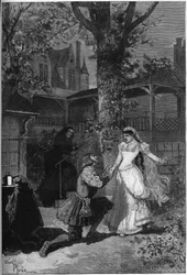 Theatrical representation: “The King has fun” by Victor Hugo (1808-1883). Act II scene 5: the house of Triboulet, King Francois 1st (Mounet Sully (or Mounet Sully) 1841-1916) at the feet of Blanche (Julia Bartet