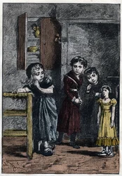 Thenardiers to døtre, Eponine og Azelma, ser på Cosette, som fikk dukken Catherine - Illustrasjon av Adrien Marie (1848-1891) til «De elendige - Andre del: Cosette» av Victor Hugo (1802-1885), 1862