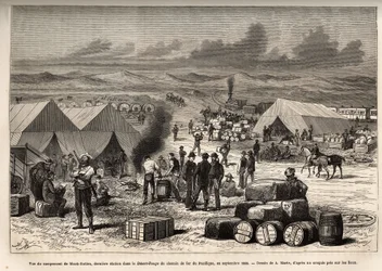 Utsikt over Black Buttes-leiren, siste stasjon i den røde ørkenen (Mojave-ørkenen) av Pacific Railway, i september 1868, gravering etter tegningen av A.Marie, som illustrerer reisen fra Washington til San Francisco, i 1868, av L. Simonin, utgitt i