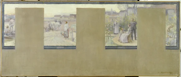 Skisse for rådhuset i Nogent-sur-Marne: Båtliv - pløying - ferie - hagearbeid, i 1889 (olje på lerret (rustning))