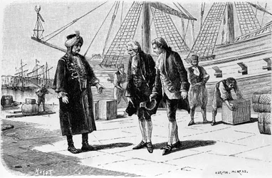 Gravering av Adrien Moreau (1843-1906) som illustrerer "" Candide"" av Francois Marie Arouet dit Voltaire (1694-1778).