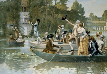Serenade au Peer Trianon, illustrasjon av en serenade til hyllest til dronning Marie Antoinette (1755-1793), før 1789, gravering av Adrien Moreau (1843-1906)