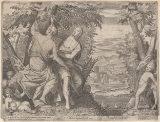 Angelica og Medoro, de står ved siden av en bekk mens Medoro skjærer ut navnene deres i en tr..., 1590-98.
