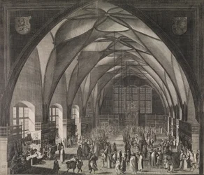Innvendig utsikt over Vladislav Hall ved Praha slott under den årlige messen, 1607., 1607.