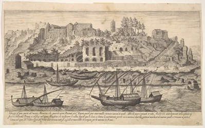Plate 21: utsikt fra vest av ruinene av Aventine-høyden, Roma, med båter på elven ..., 1606.