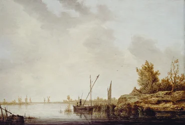 En elvescene med fjerne vindmøller, ca. 1640-42