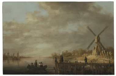 Et elvelandskap med en vindmølle og herrefolk i en robåt og på en brygge i forgrunnen (olje på panel)