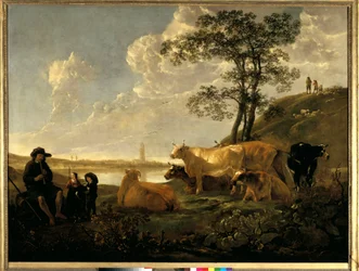 Landskap nær Rhenen: beitende kyr og en gjeter som spiller fløyte. Maleri av Albert (Aelbert eller Aelbrecht) Cuyp (1620-1691)