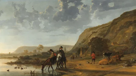 Elvelandskap med ryttere Elvelandskap nær Nijmegen med ryttere som vanner hestene sine