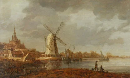 Elvescene med utsikt over Dordrecht (olje på panel)