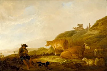 Sittende gjeter med kyr og sauer i en eng, c1644