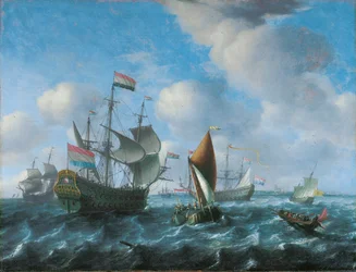 En krigsmann, muligens Het Wapen van Utrecht, et bredt skip og en akterslup i stiv bris, 1671