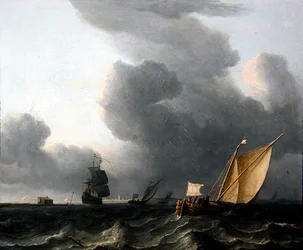 To nederlandske Smalschips og en krigsmann (olje på lerret)