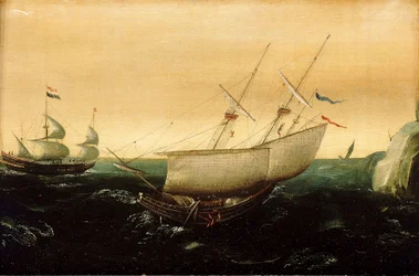 Et nederlandsk skip nært halede, ca. 1610 (olje på panel)