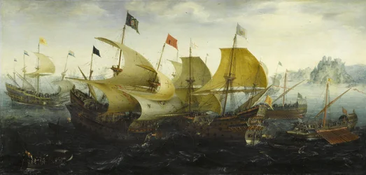 Slaget ved Cadiz Nederlandske og engelske skip angriper den spanske armadaen, 1608