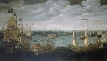 Oppskyting av brannskip mot den spanske armadaen, 7. august 1588, ca. 1590 (olje på lerret)