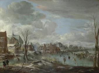 En frossen elv nær en landsby, med golfere og skatere, ca. 1647-1648