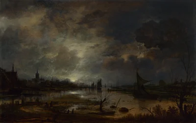 En elv nær en by, ved måneskinn, ca. 1645