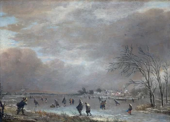 Vinterlandskap med skatere på en frossen elv