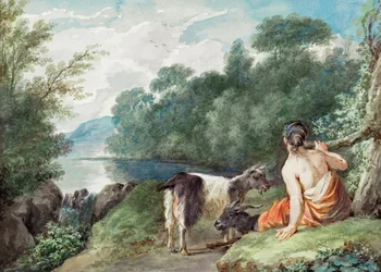 Hyrdinne med geiter i et landskap med en innsjø