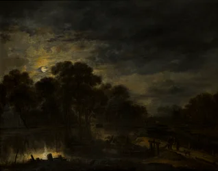 Elvelandskap av Moonlight, ca. 1623-77 (olje på lerret)