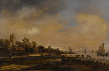 Bredt elvelandskap med slott og landsby