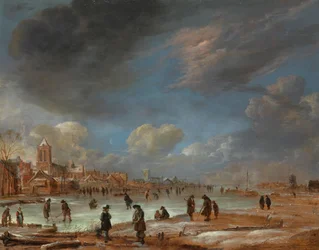 Vinterlandskap nær en by med Kolf-spillere