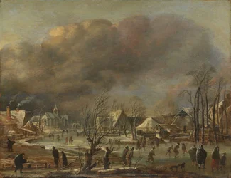 Vinterlandskap med kirke og gårdshus