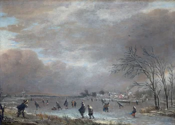 Vinterlandskap med skatere på en frossen elv (olje på panel)
