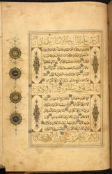 Side fra en safavidisk Koran, skrevet i Herat, Afghanistan, med thuluth- og naskhi-skrift, datert 970 AH/AD 1563, Or. 13087, f. 258r (penn og blekk på papir)