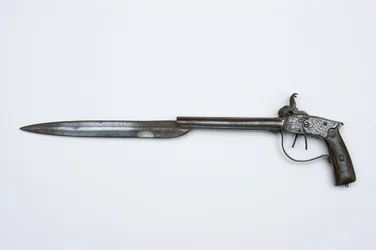 Dobbeltløps slagpistol, ca. 1840 (stål, messing og horn)