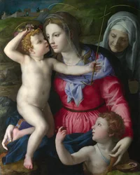 Bronzino, Agnolo (1503-1572) Madonnaen og barnet med døperen Johannes og den hellige Elizabeth Olje på tre ca. 1540 National Gallery, London 101,6x81,3