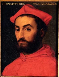 Portrett av kardinal Ippolito de Medici (1511-1535) Maleri av Allori Angelo di Cosimo dit Bronzino (1503-1572) - Sol fra 1500-tallet 15x12 cm Palace Medici-Riccardi (Medici Riccardi) Firenze