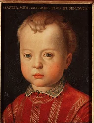 Portrett av Garzia de Medicis (Garzia de Medici) (1547-1562) Barnemaleri av Allori Angelo di Cosimo dit Bronzino (1503-1572) 1500-tallet Søn 15x12 cm Palace Medici-Riccardi (Medici Riccardi) Firenze