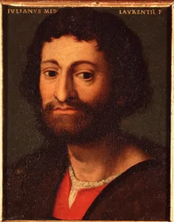 Portrett av Julien de Medicis (1478-1516) (Giuliano de Medici) Hertugen av Nemours Maleri av Allori Angelo di Cosimo dit Bronzino (1503-1572) - 1500-tallet Søn 15x12 cm Palace Medici-Riccardi (Medici Riccardi) Firenze