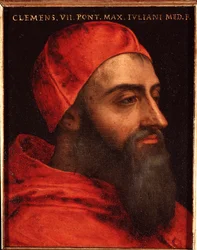 Portrait of Pope Clement VII (Clemente) (Jules de medicis ou giulio de medici) (1478-1534) Painting by Allori Angelo di Cosimo dit Bronzino (1503-1572) - 16th century Dim 15x12 cm Palace Medici-Riccardi (Medici Riccardi) Florence