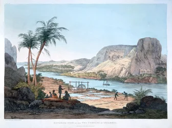 Utvendig utsikt over de to templene i Ybsambul, Egypt, 1820