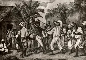 Stokkekamp mellom svarte engelskmenn og franskmenn på øya Dominica, Santo Domingo