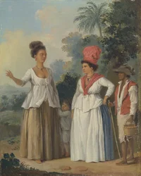 Vestindiske fargede kvinner med et barn og en svart tjener, ca. 1780