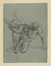 Cupido overvelder Pan (rekto); Munkhode; Karikatur av en mann i profil (verso)