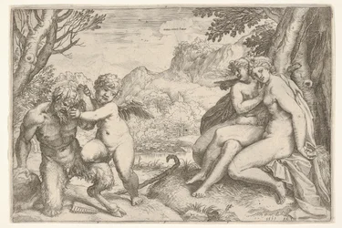 Love Conquers All Omnia vincit Amor, i en kamp med en satyr plasserer Amor sin høyre kn..., 1599.