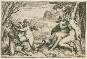 Omnia vincit Amor (Kjærligheten overvinner Pan, til høyre to nymfer under et tre, i et landskap)