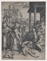 Saint Paul oppdrar Patroclus som er på bakken, omgitt av en gruppe tilskuere, ..., 1583.